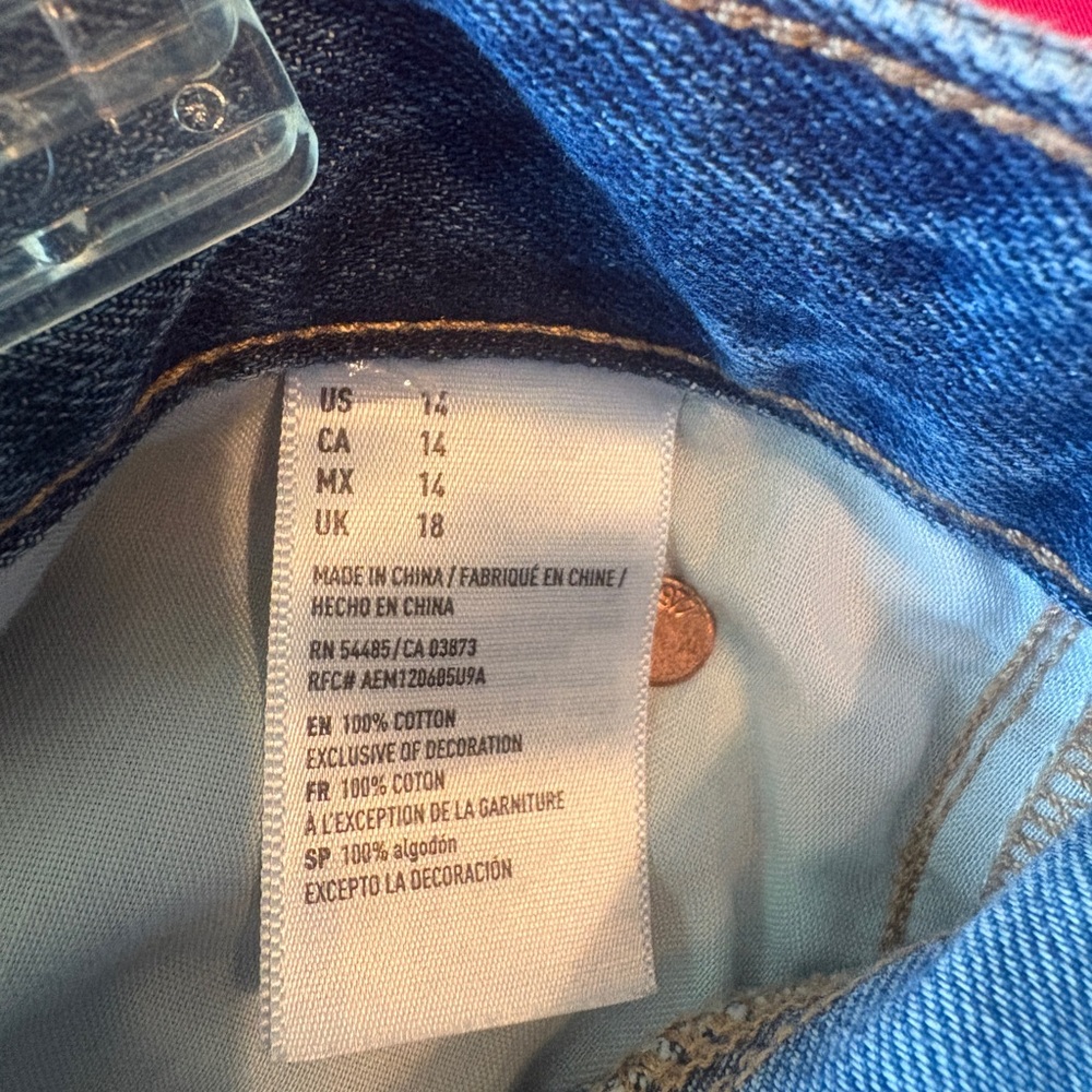 American Eagle, Blue Distressed Jean Shorts with Floral Embroidery, Sz. 14 - Picture 5 of 9